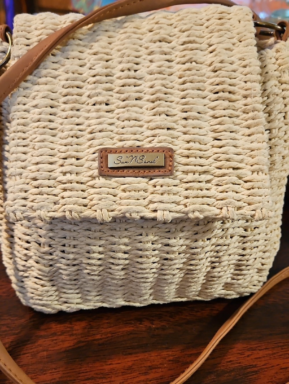 Sun N Sand Cream Woven Crossbody Bag with Tan Strap